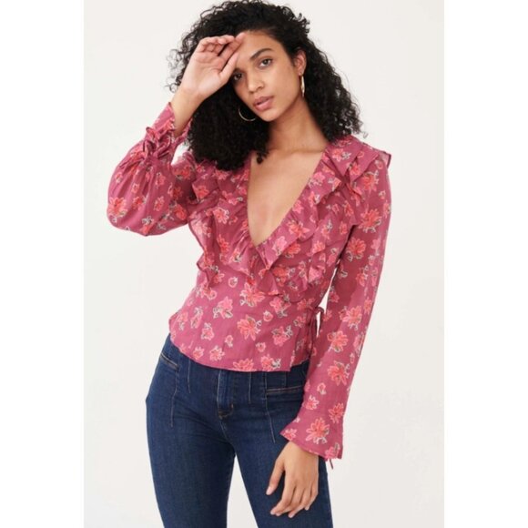 NWT Women's FREE PEOPLE Amanda Ruffle Wrap Top Floral | Size Large - Picture 1 of 13